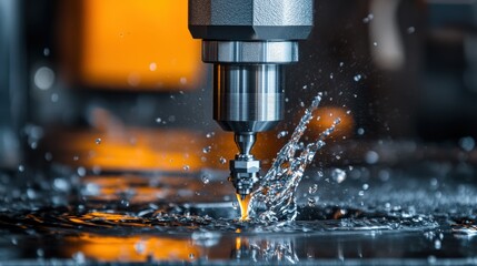 High-Precision Water Jet Cutting Process Creating Dynamic Splashes on Metallic Surface in Industrial Workshop Setting with Tools and Equipment in Background