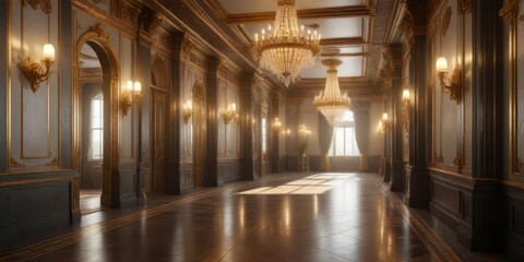 Obraz premium A sunlit corridor with gold-plated accents and ornate chandeliers radiates warmth and luxury , gold, ornate