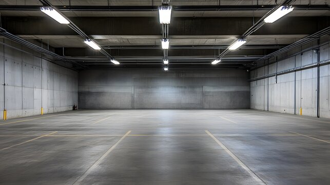 features a dimly lit, empty concrete garage with gray walls, creating an abstract and grungy atmosphere that evokes a sense of futuristic design, industrial aesthetics, and a potential set - Powered by Adobe