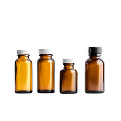 Medicine bottles of various sizes arranged against a clean transparent background, highlighting storage options, medicine bottles on transparent background