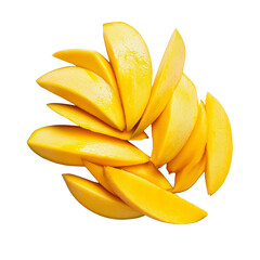 Freshly sliced mangos arranged on a clean transparent background for a vibrant, colorful presentation, sliced mangos isolated on transparentor transparent background