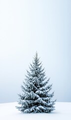 Snowy Evergreen Tree Against Soft Blue Winter Sky in Peaceful Scenic Landscape