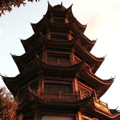Fototapeta premium Transparent cutout featuring a three-tiered ceramic red and white pagoda, provided as a PNG file