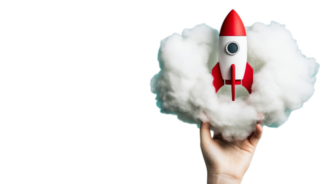 Rocket Launch from Hand in Cloud Transparent Background Concept 