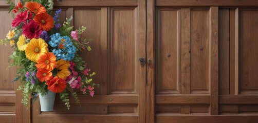 Colorful artificial flowers arranged in a wavy pattern behind a vintage-style wooden door,  floral,  vintage