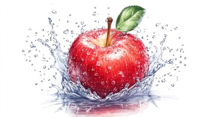 Red apple splashing in water, isolated on white background.