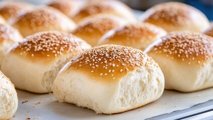 ふわふわの白いパンと香ばしいごまがトッピングされたパンの写真