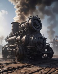 Fototapeta premium Dark smoke swirling around abandoned machinery, abandoned, atmosphere