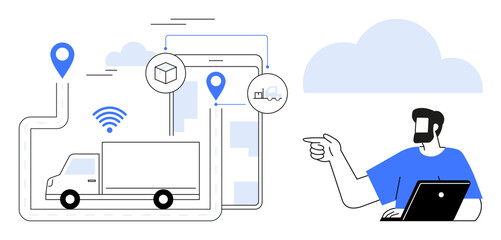 Courier truck tracked in real-time on GPS-enabled map via laptop. Ideal for logistics, delivery services, transportation, supply chain management, fleet management, technology, efficiency. An