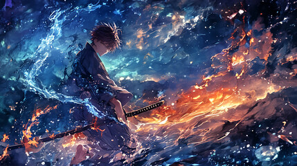 Samurai, Japan, Japanese, ninja, katana, Japanese sword, duel, art, scene, cool, luminous, magic circle, mandala, emotion, sunset, beauty, war, battle, armor, warrior, snow, mountain, Fuji, 