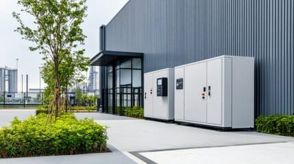 Modern Industrial Building Exterior with Electrical Cabinets and Green Landscaping in Urban Setting