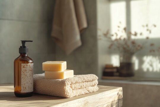 Cosmetic tools such as liquid soap in a bottle, soap bars and towel stack. Minimalist concept.