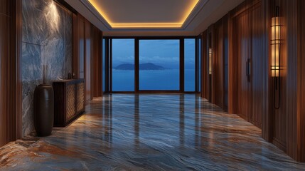 Fototapeta premium Japanese-inspired minimalist living room characterized by large windows, neutral tones, and natural materials