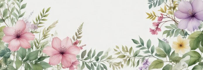 Fototapeta premium Delicate watercolor flowers and leaves on white background, leafy greens, floral design