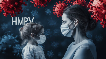 Young mother and a child in medical masks. Background with HMPV 3d model