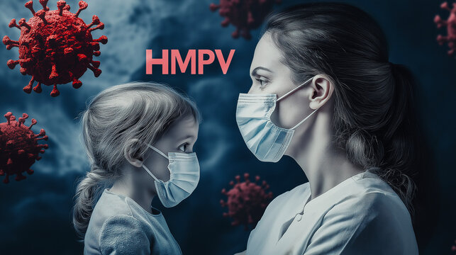 Human metapneumovirus concept: mother and child in masks help prevent viral infections
