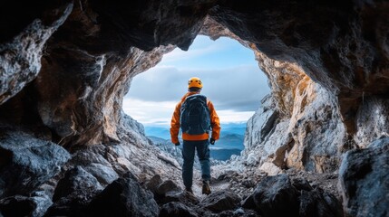 Adventurer Standing at Cave Entrance Overlooking Scenic Mountain Landscape Under Dramatic Cloudy Sky