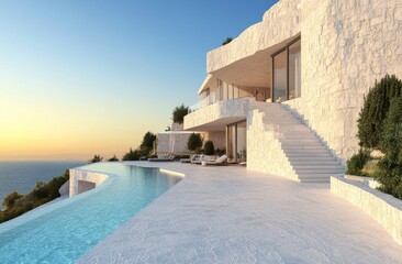 Obraz premium Minimalist white building with a pool and stairs included