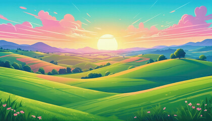 Obraz premium Vibrant sunrise over rolling hills with colorful skies and lush greenery in a peaceful landscape