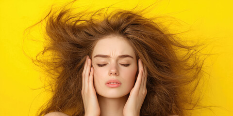 A sad young woman with ruined dry shaggy hair. Concept of dehydrated hair, brittle after coloring