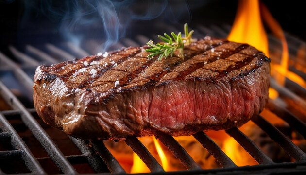 close up of a steak grilling on a bbq