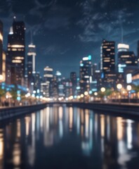 Obraz premium cityscape at night with blurred lights and abstract circular bokeh on blue background, city lights, abstract art