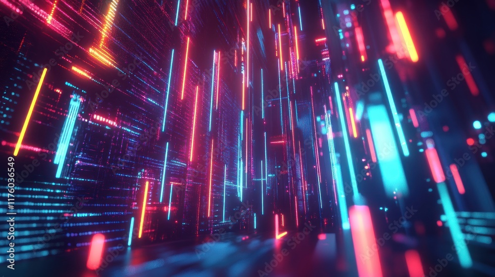 Poster abstract futuristic background with neon lines and digital elements in vibrant colors creating a tec