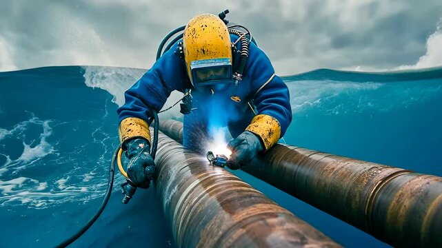 A skilled male diver, clad in a blue wetsuit and yellow helmet, welds a metal pipeline amidst turbulent ocean waves. The moody atmosphere highlights the challenges of underwater work.