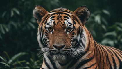 Fototapeta premium Majestic tiger resting amidst lush greenery in a tranquil jungle setting