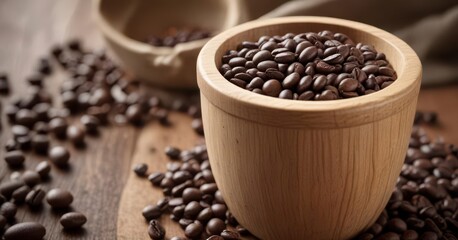 Fototapeta premium Close-up of wooden cup filled with coffee beans and topped with a lid , cup, lid