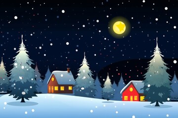 Snowy Christmas Night Scene with Village and Christmas Tree, Starry Sky