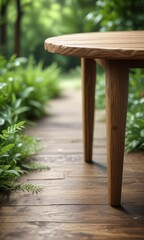 Fototapeta premium Close-up of wooden table legs surrounded by blurred green foliage, legs, nature