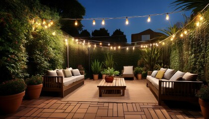 cozy outdoor patio with string lights and lush greenery at night