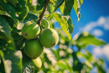 Guava growing on a Guava tree with green leaves on a Guava farm on a sunny clear blue sky day.