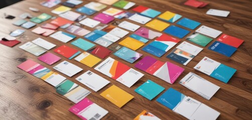 Colorful business cards scattered on a wooden desk,  cards,  workspace