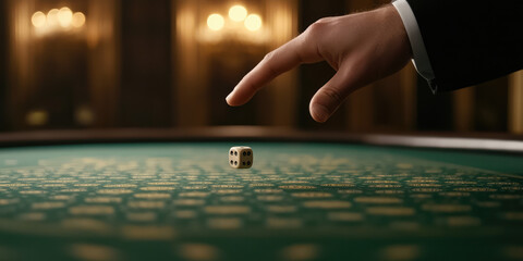 Hand throwing dice onto a table in the background of a casino. Luck, gambling, fortune