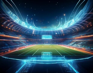 a futuristic sports stadium enhanced with digital and holographic displays showcasing innovation in sports technology