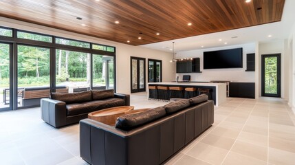 Modern open concept living space with luxurious design features and large windows overlooking nature