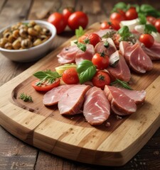 Italian-style appetizer on a wooden cutting board ,  cucumber,  bell peppers