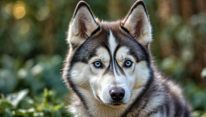 Beautiful Siberian Husky with striking blue eyes surrounded by green foliage in a natural setting