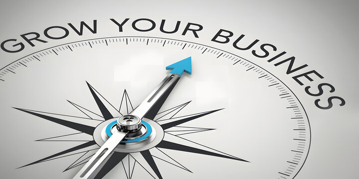 Grow Your Business Text on Compass Pointing to Success with Blue Arrow
