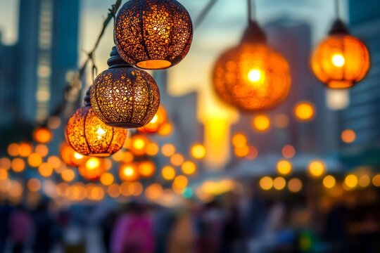 A busy Kuwaiti street market at dusk, illuminated by hanging lanterns and bustling with activity