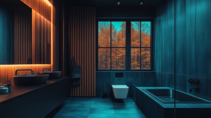 Fototapeta premium A sleek dark bathroom illuminated by warm lights, adorned with plants, and decorated with simple fixtures