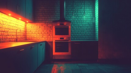 Naklejka premium At dusk, the modern kitchen’s LED strip lights shine, creating a reflective array on the countertop