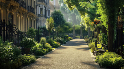 Fototapeta premium Picturesque Urban Park in Europe with Wide Gravel Pathways, Lush Greenery, Sunlight Dappling the Ground, and Stately Townhouses with Ornate Wrought-Iron Fences