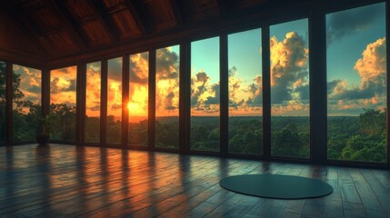 Fototapeta premium The expansive windows of the luxury home provide an exceptional view of the setting sun