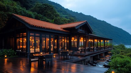 Obraz premium In the evening, a romantic mountain lodge patio is illuminated by lanterns