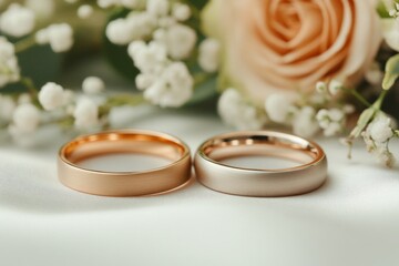 A close-up of two wedding rings placed together on a satin cloth, surrounded by delicate floral arrangements