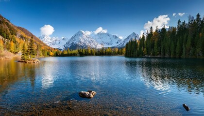 serene mountain lake with snow capped peaks in the distance
