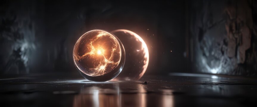 Mysterious aura surrounds a glowing orb in a dark abstract space ,  glow,  mysterious